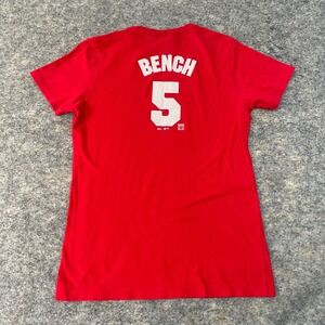 Majestic Johnny Bench Cincinnati Reds #5 Graphic T-Shirt Red Women's Medium